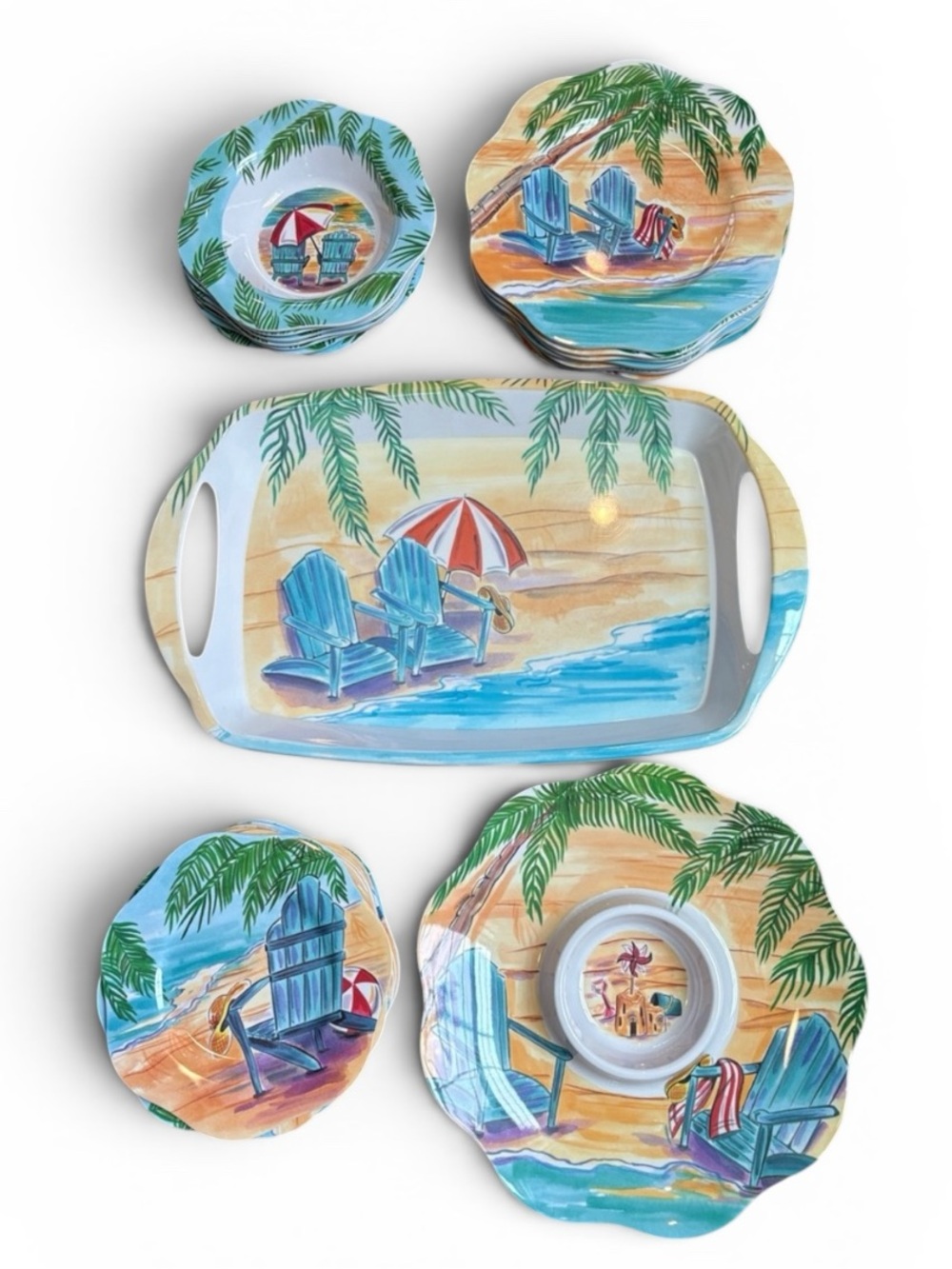 Trudeau Melamine Beach Serveware Set Plates, Bowls, Chip&Dip & Serving Platter